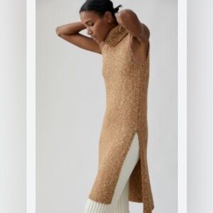 Anthropologie Sweater Tunic S Flowy Maxi Sleeveless Turtleneck Knit Camel Tan